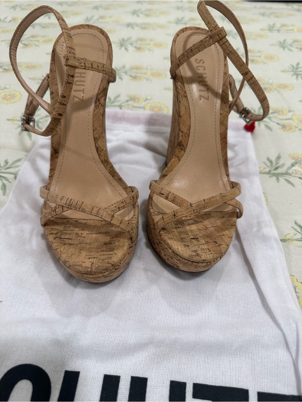 SCHUTZ Cork-Strap Wedge Sandals in Tan